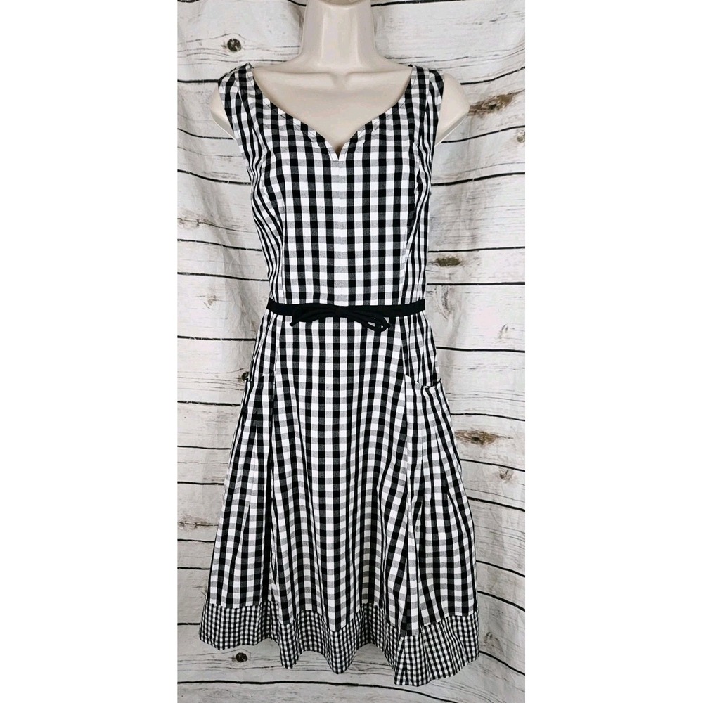Eshakti Black Gingham Dress L Fit & Flare Womens Sleeveless Pockets